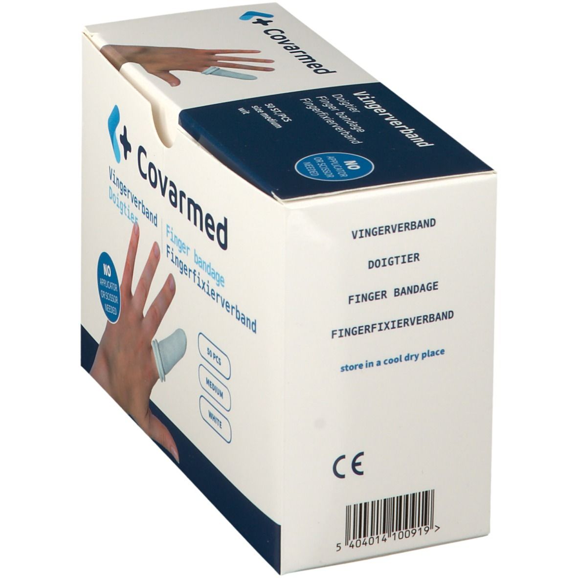 Vue en biais de la boîte de pansements pour doigts Covarmed. Inscriptions : Fingerverband, Fingerbandage, Fingerfixierverband. Contient 50 pièces, taille moyenne, blanc.