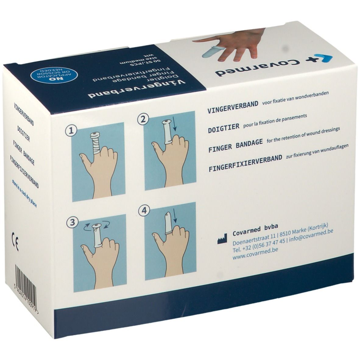 Dos de la boîte de pansements pour doigts Covarmed. Des illustrations montrent l'application. Contient 50 pièces. Inscriptions : Fingerverband, Fingerbandage, Fingerfixierverband.