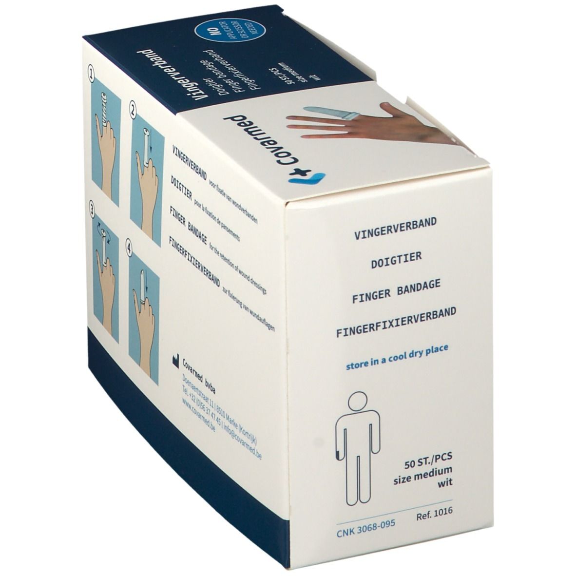 Vue en biais de la boîte de pansements pour doigts Covarmed. Inscriptions : Fingerverband, Fingerbandage, Fingerfixierverband. Contient 50 pièces, taille moyenne, blanc. Avec pictogramme.