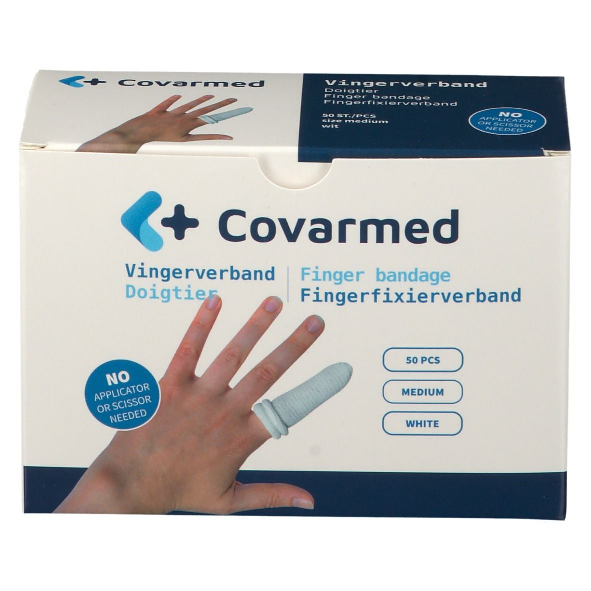 Boîte de pansements pour doigts Covarmed. Inscriptions : Fingerverband, Fingerbandage, Fingerfixierverband. Contient 50 pièces, taille moyenne, blanc. Pansement sur un doigt illustré.