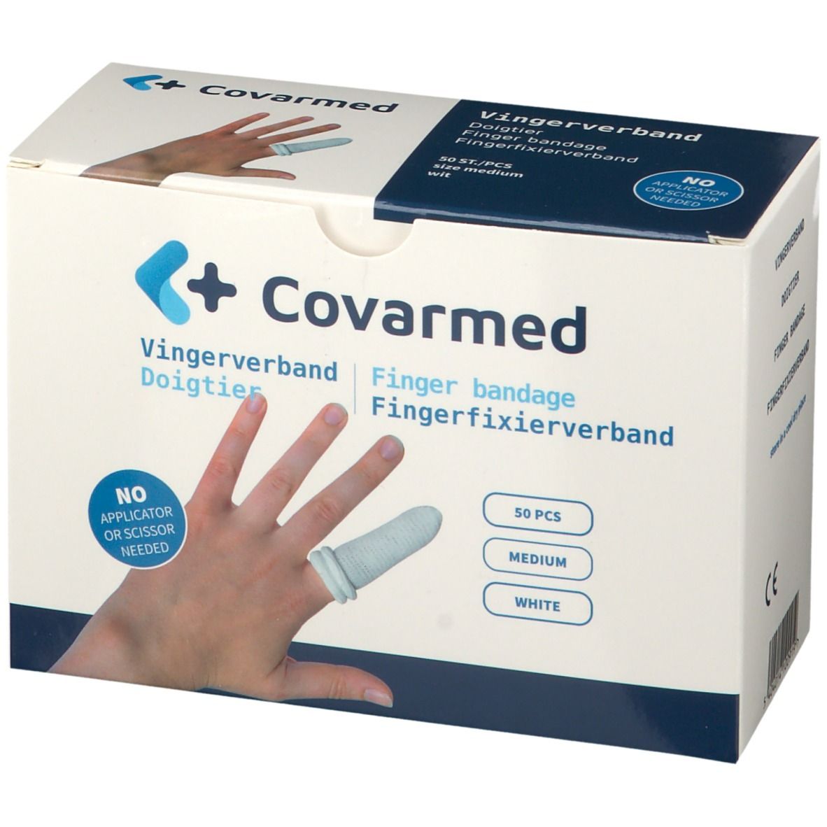 Boîte de pansements pour doigts Covarmed. Inscriptions : Fingerverband, Fingerbandage, Fingerfixierverband. Contient 50 pièces, taille moyenne, blanc. Pansement sur un doigt illustré.