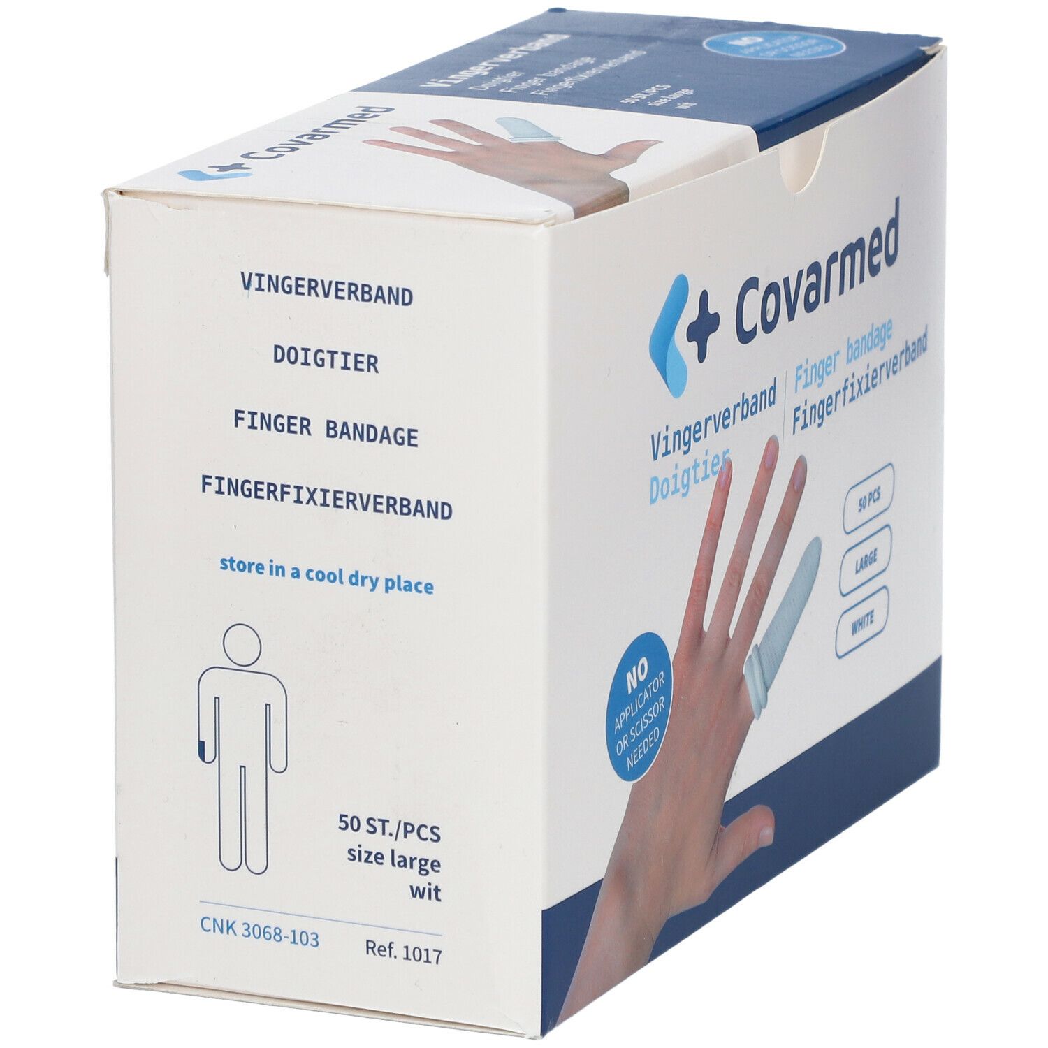 Emballage de pansements pour doigts Covarmed. Inscriptions : Fingerverband, Fingerbandage, 50 pièces, blanc, grand. Consignes de stockage.