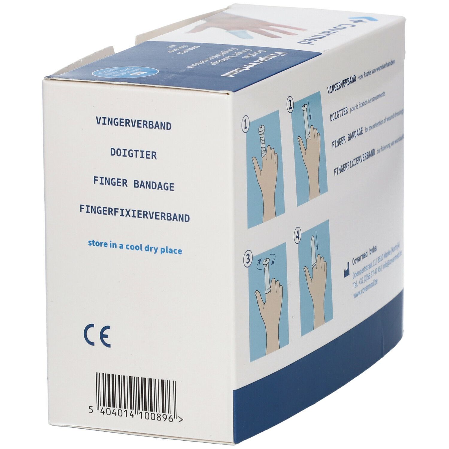 Côté de l'emballage de pansements pour doigts Covarmed. Inscriptions : Fingerverband, Fingerbandage. Code-barres et marquage CE.