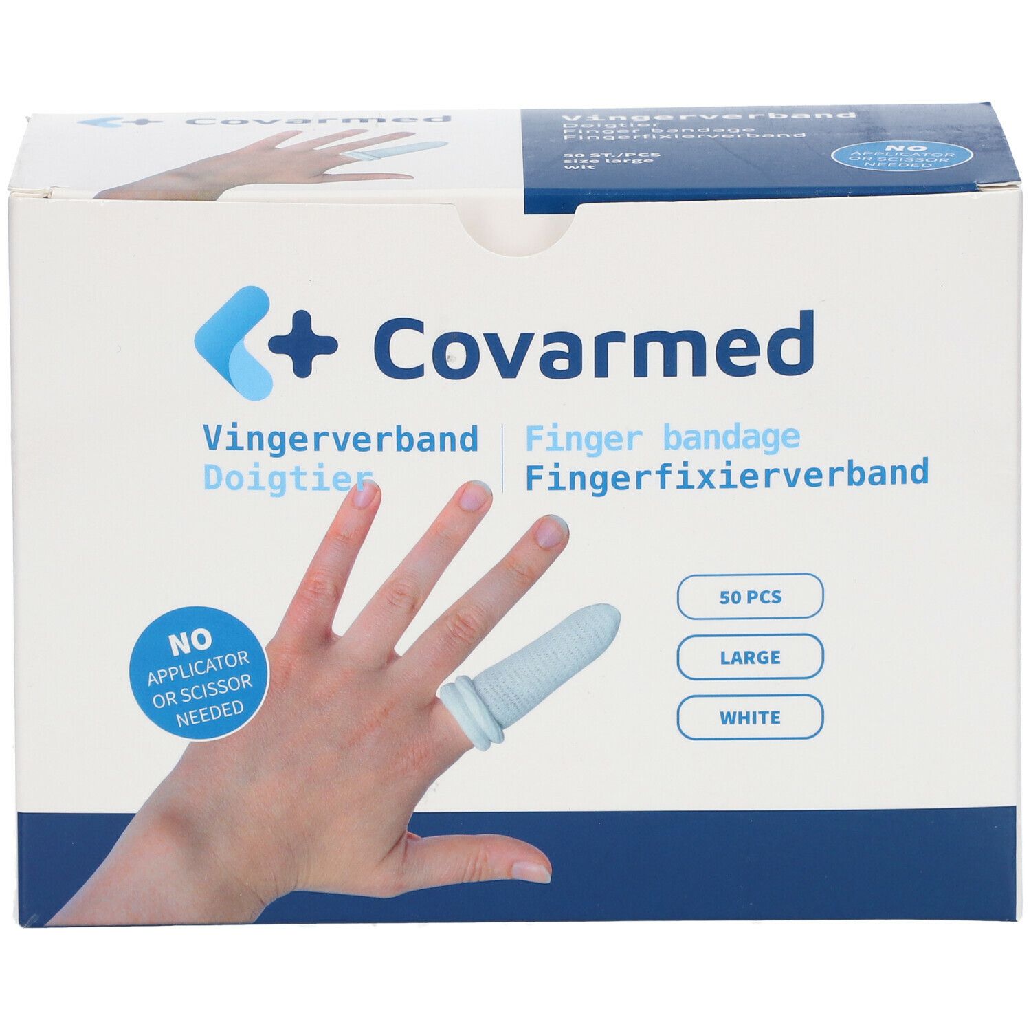 Boîte de pansements pour doigts Covarmed. Inscriptions : Fingerverband, Fingerbandage, 50 pièces, blanc, grand. Pas de ciseaux nécessaires.
