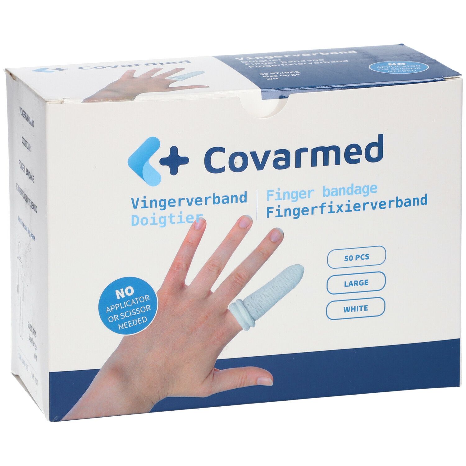 Boîte de pansements pour doigts Covarmed. Inscriptions : Fingerverband, Fingerbandage, 50 pièces, blanc, grand. Pas de ciseaux nécessaires.