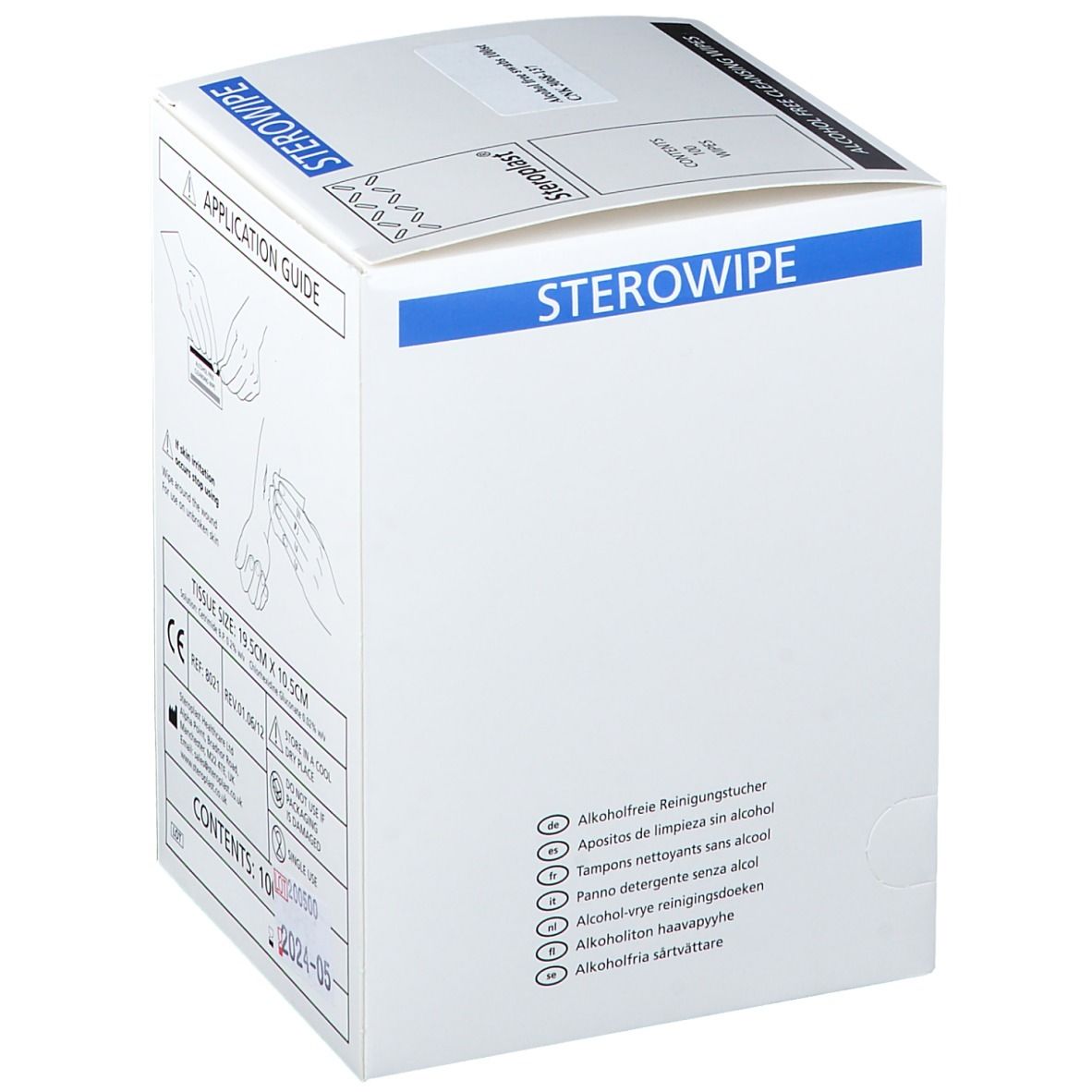 Boîte de lingettes Sterowipe. Instructions d'utilisation. Liste multilingue. Emballage blanc avec accents bleus.