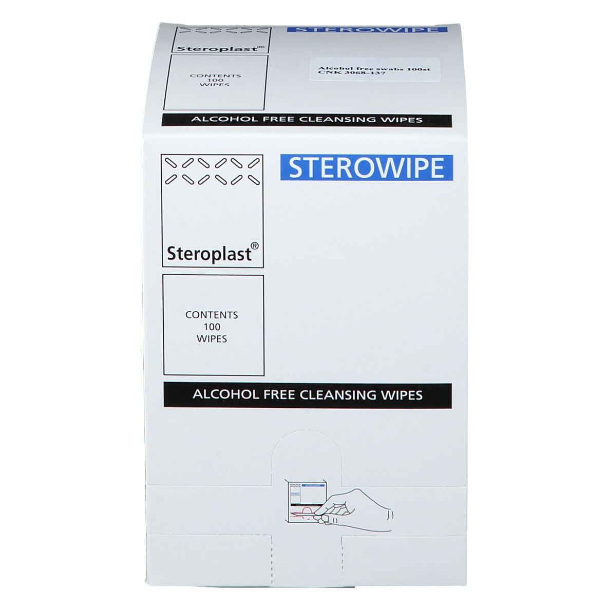 Boîte de lingettes Sterowipe. Contenu : 100 lingettes. Sans alcool et sans parfum. Emballage blanc avec accents bleus.