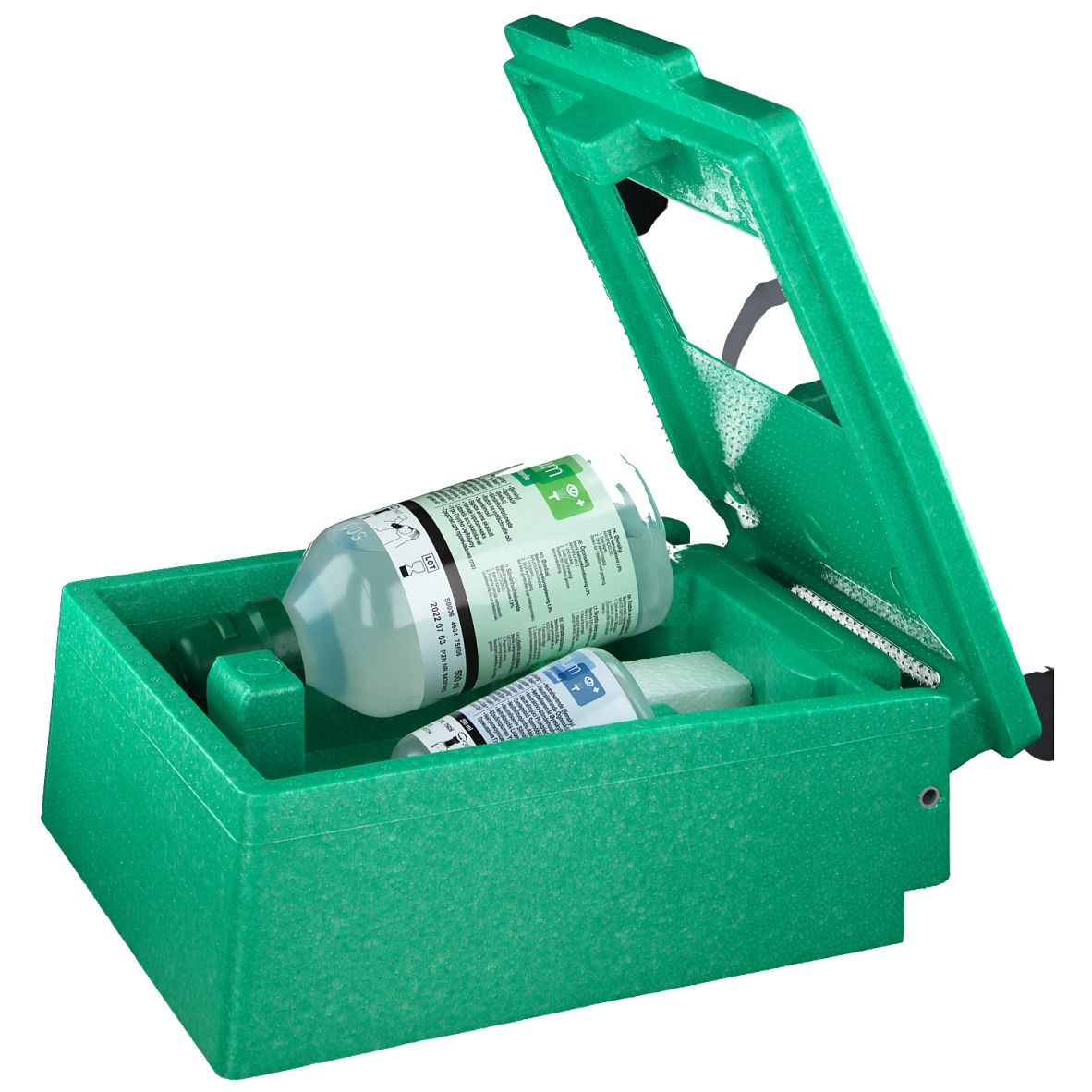 Groene oogspoelkast open. Twee flessen binnenin. Zwarte scharnier zichtbaar.
