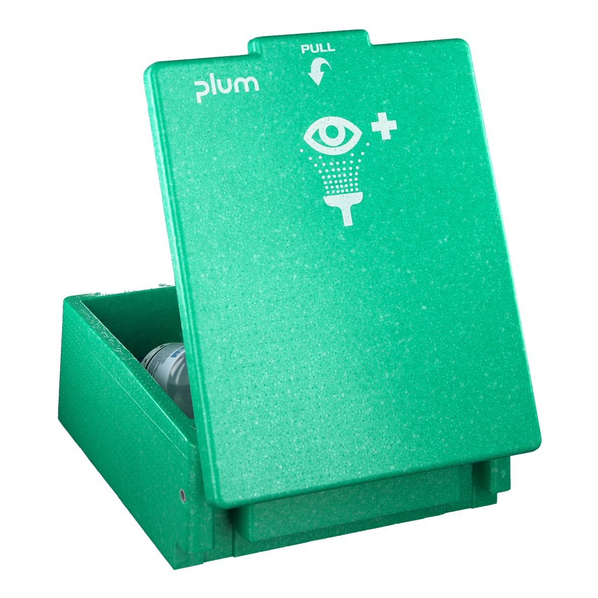 Groene oogspoelkast open. Merk 'plum' en oogsymbool op deksel. Pijl 'Pull'.