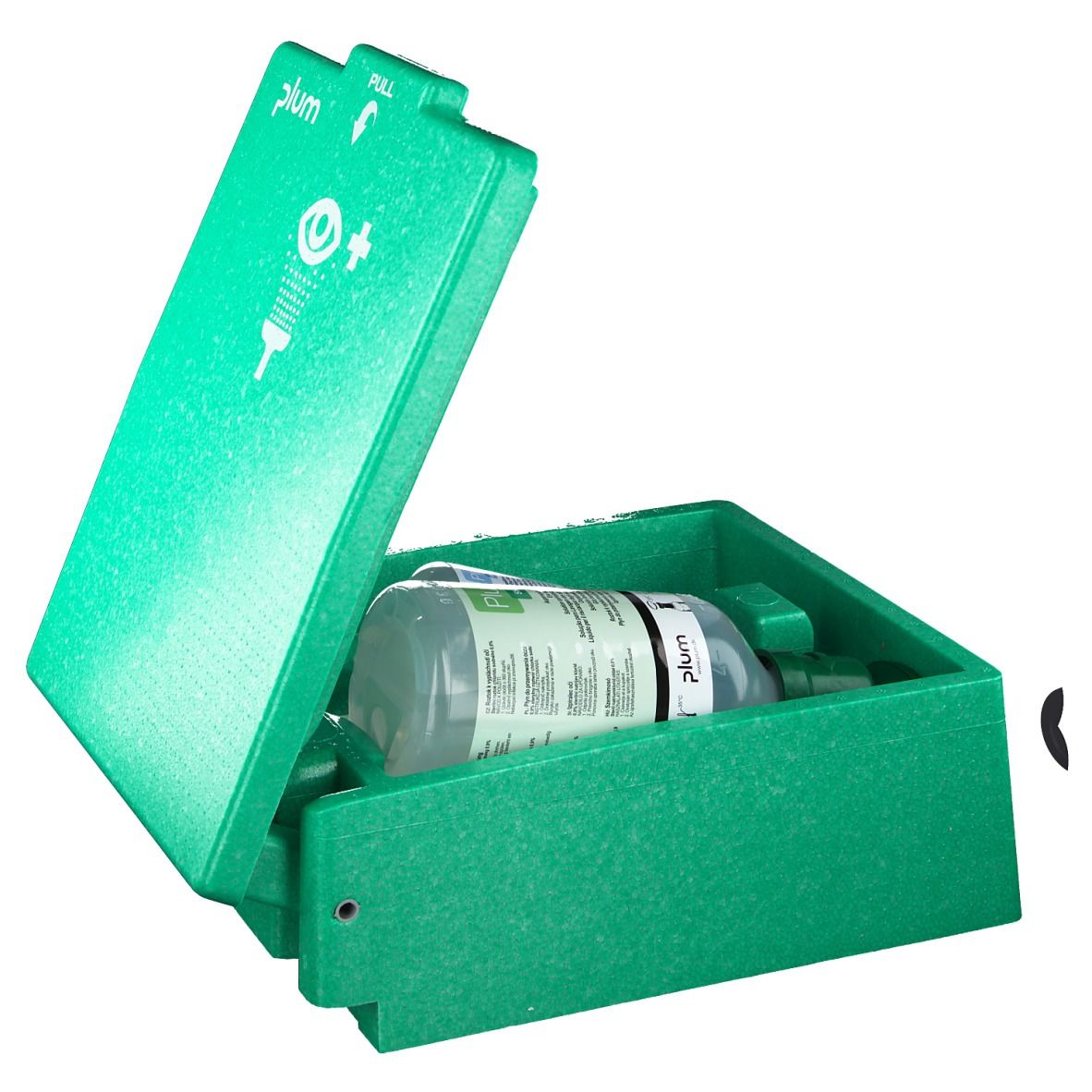 Groene oogspoelkast open. Merk 'plum' en oogsymbool op deksel. Fles zichtbaar.