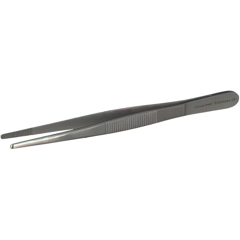 Pince anatomique. Surface de préhension striée, extrémités pointues. Inscription : Covarmed Stainless CE.