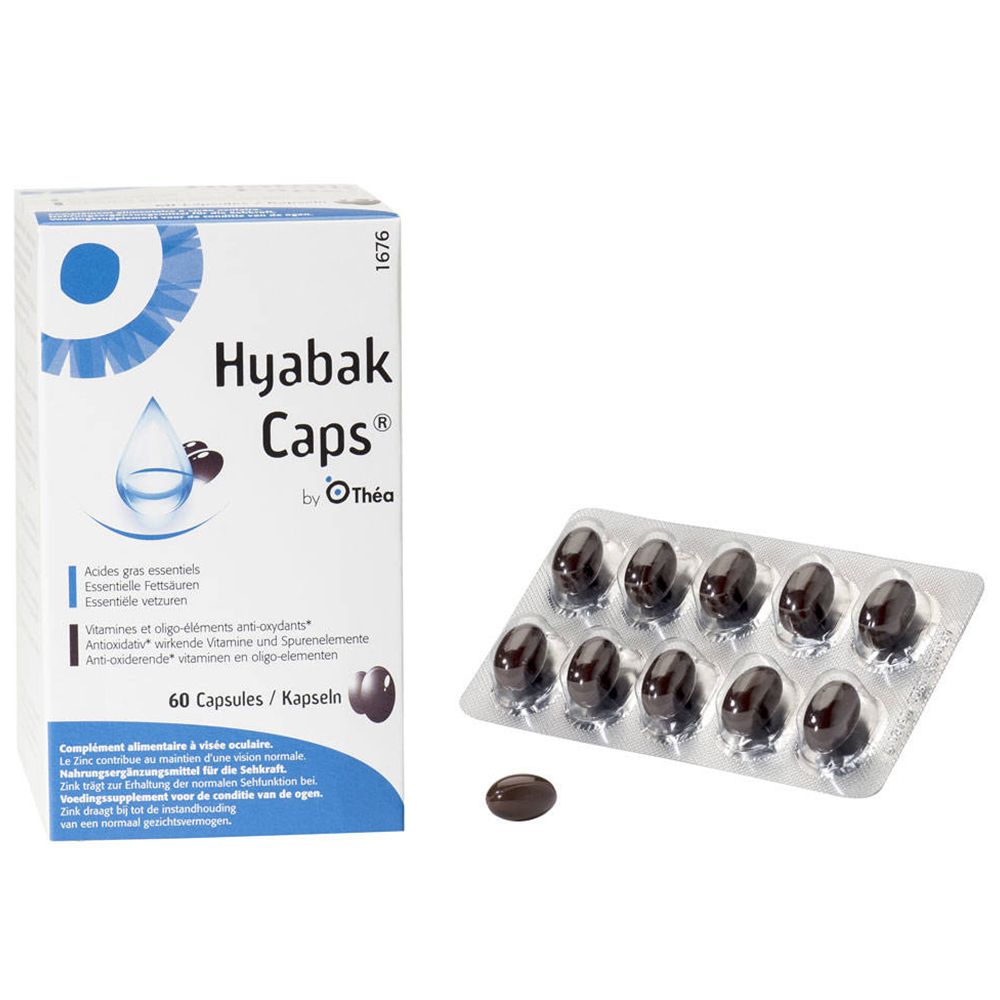 Blisterverpakking met capsules en doosje met Hyabak Caps. Bruine capsules. 60 capsules.