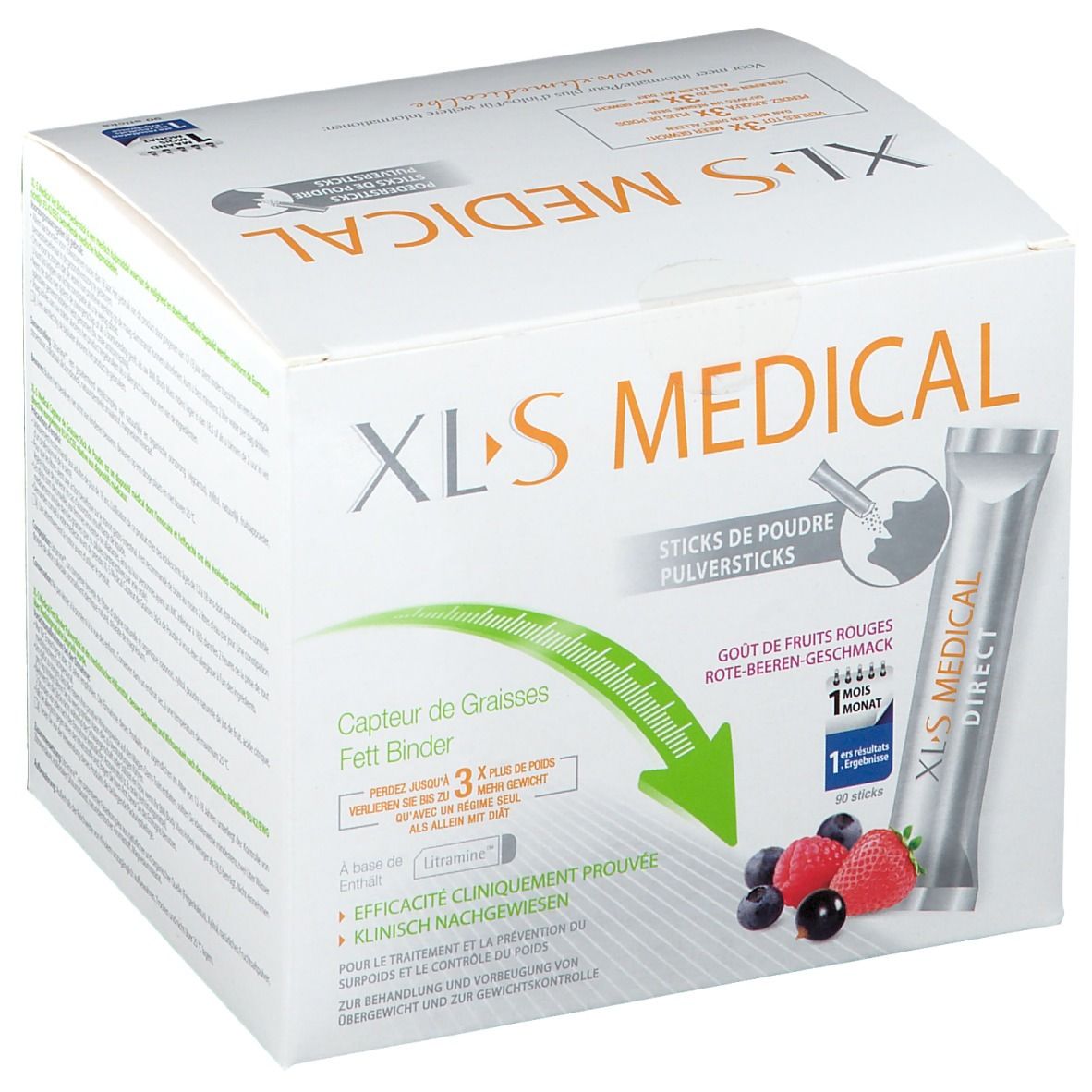 Boîte XLS Medical. Inscription: XLS MEDICAL, Sticks de poudre, Capteur de graisses, goût fruits rouges. Sachet individuel.