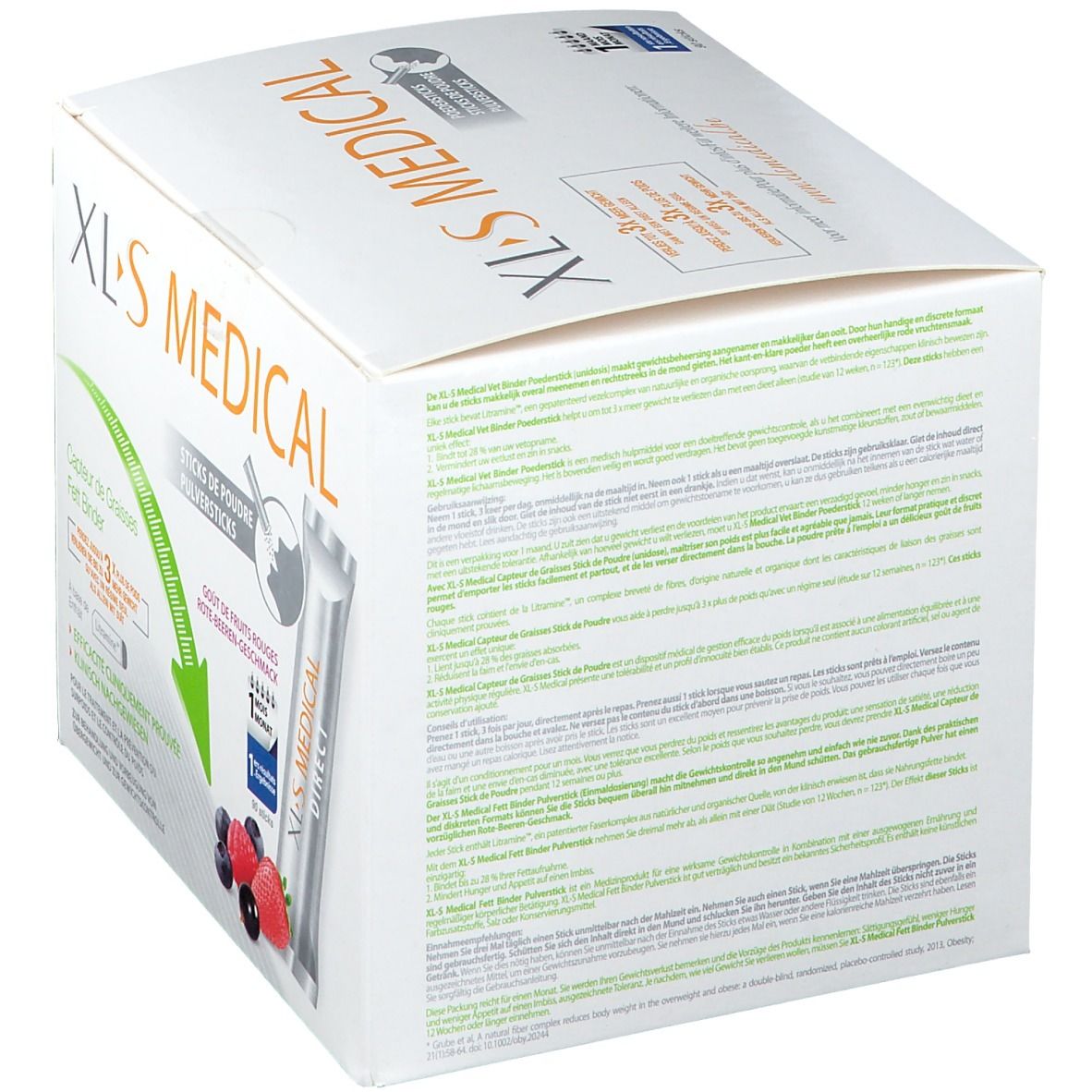 Dos de la boîte XLS Medical. Texte multilingue. Informations sur le produit et ingrédients.
