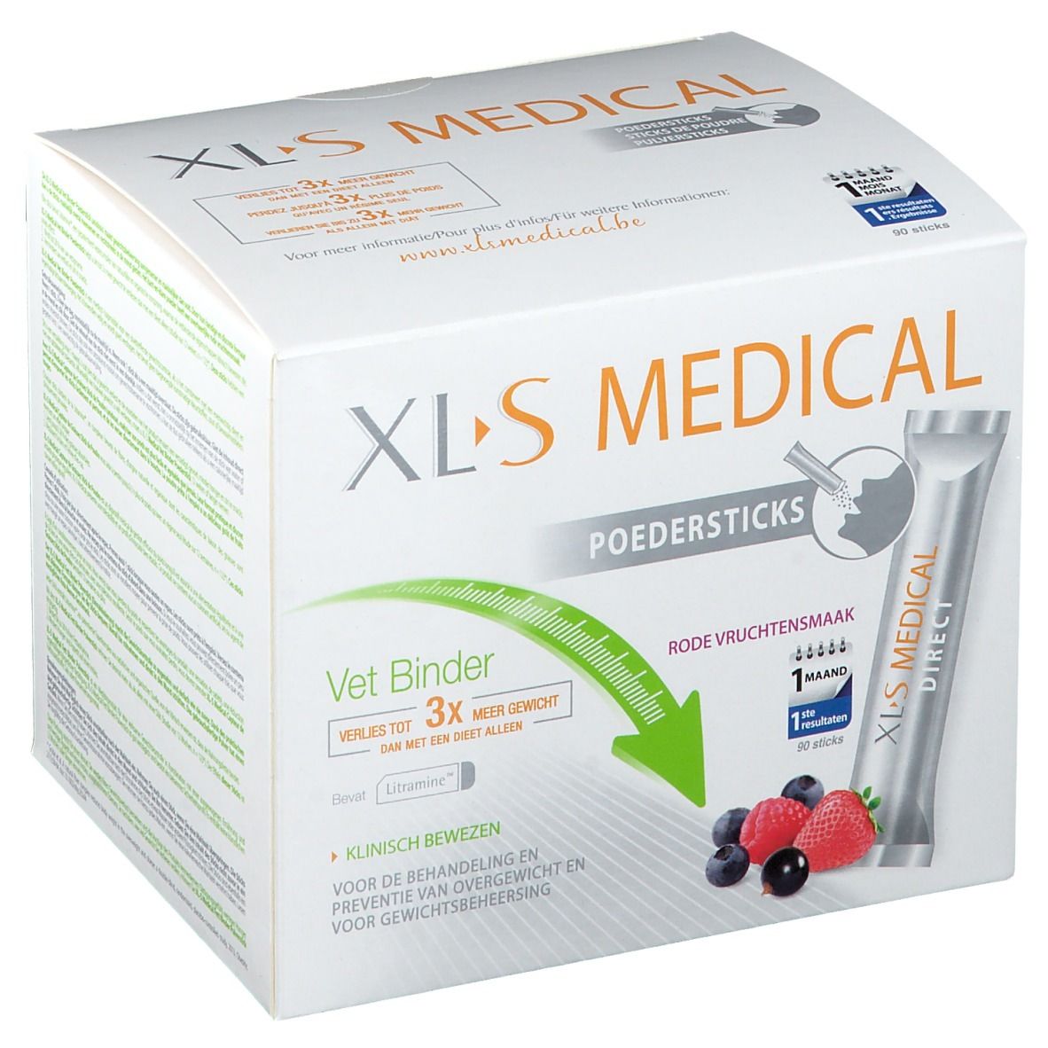 Boîte XLS Medical. Inscription: XLS MEDICAL, Poedersticks, Vet Binder, goût fruits rouges. Sachet individuel.
