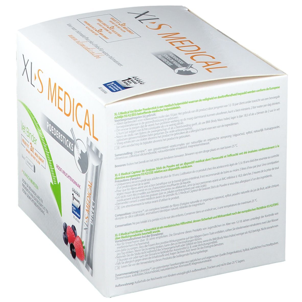 Dos de la boîte XLS Medical. Texte multilingue. Informations sur le produit et ingrédients.