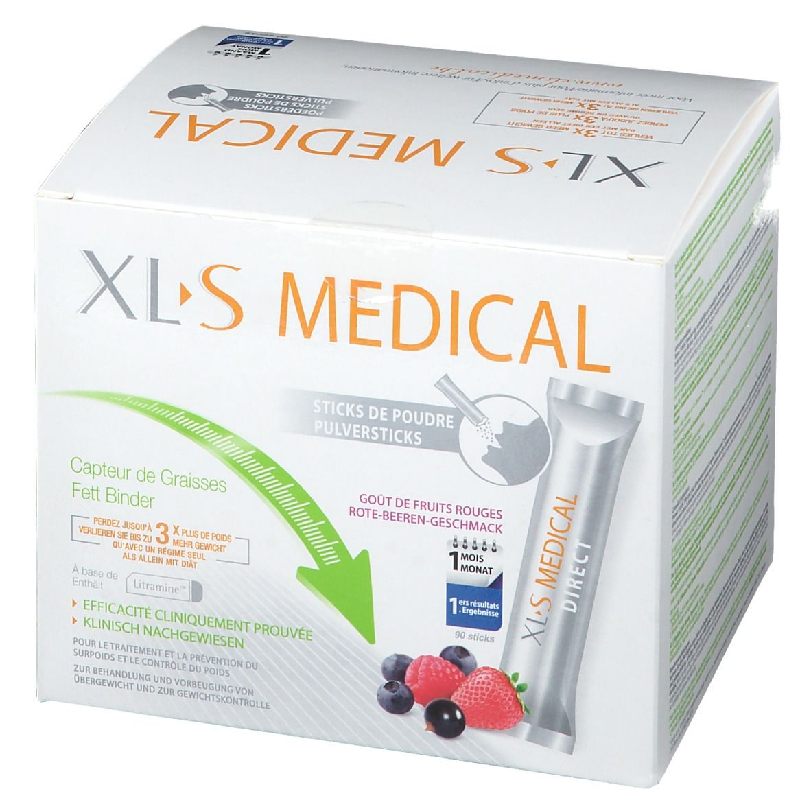 Boîte XLS Medical. Inscription: XLS MEDICAL, Sticks de poudre, Capteur de graisses, goût fruits rouges. Sachet individuel.