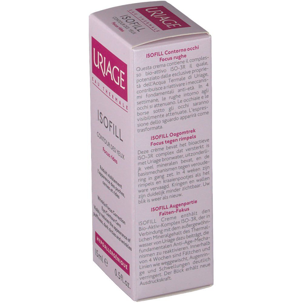 Uriage Isofill Contour des yeux. Boîte avec texte et logo. 15ml. Hypoallergénique.