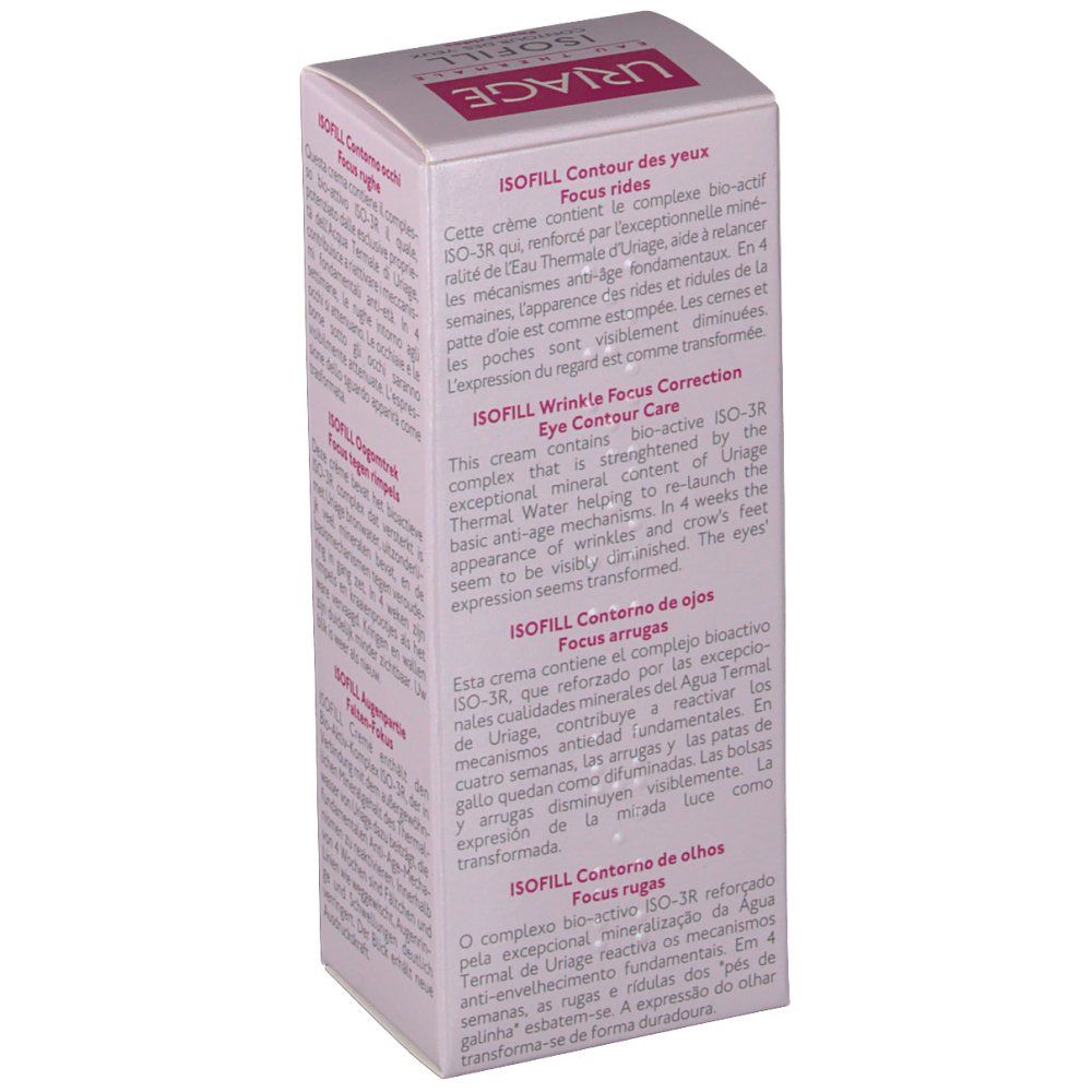 Uriage Isofill Contour des yeux. Boîte avec texte et logo. Verso avec texte multilingue.