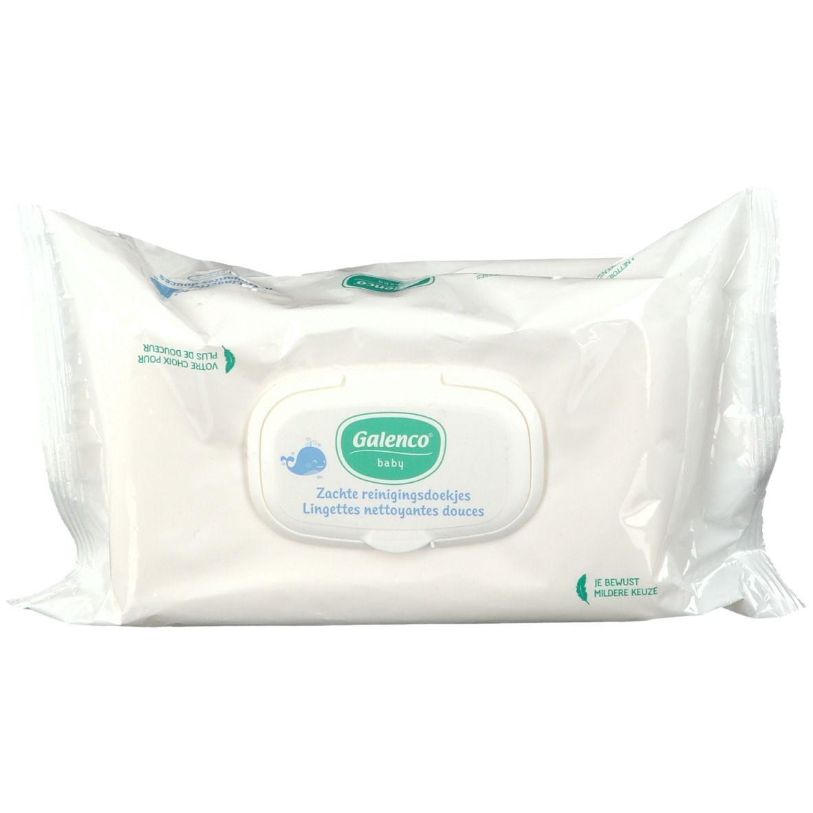 Witte verpakking met Galenco Baby logo en tekst. Bevat reinigingsdoekjes. Blauwe walvis op verpakking.