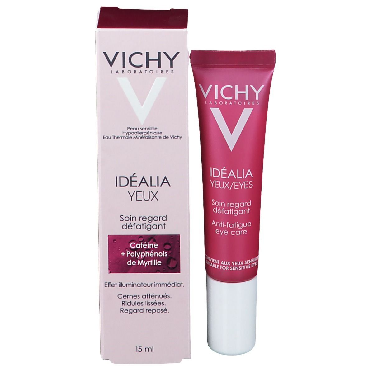 Tube en verpakking Vichy Idéalia Ogen. Roze tube en doos. Opschrift: Vichy, Idéalia, Ogen/Eyes.