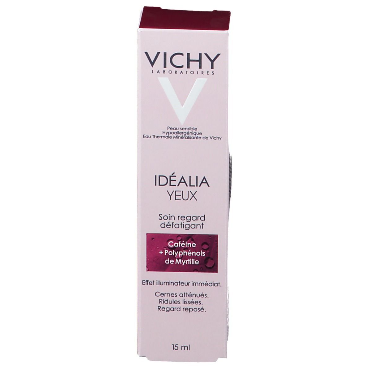 Verpakking Vichy Idéalia Ogen. Roze doos. Opschrift: Vichy, Idéalia, Ogen/Eyes. 15 ml.