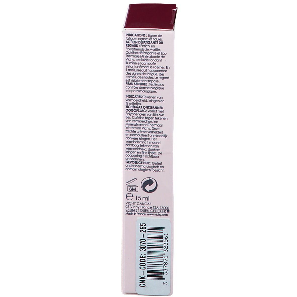 Verpakking Vichy Idéalia Ogen. Roze doos. Tekst en ingrediënten. 15 ml.