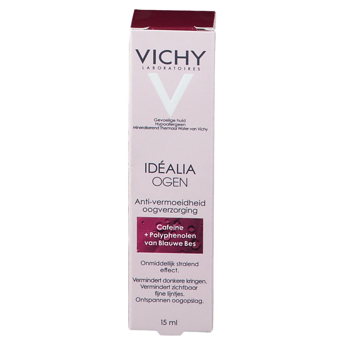 Verpakking Vichy Idéalia Ogen. Roze doos. Opschrift: Idéalia Ogen. 15 ml.