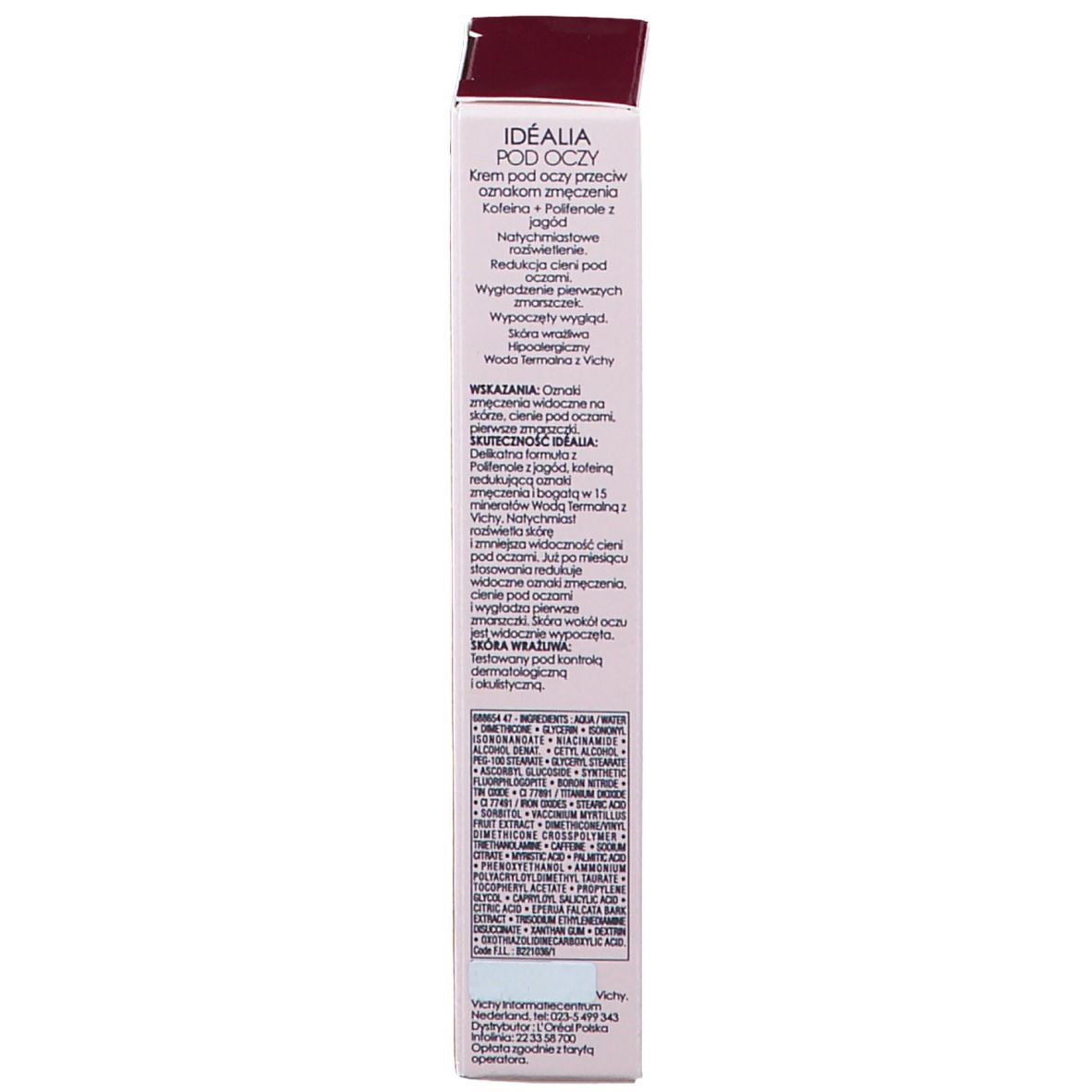 Verpakking Vichy Idéalia. Roze doos. Tekst en ingrediënten. 15 ml.
