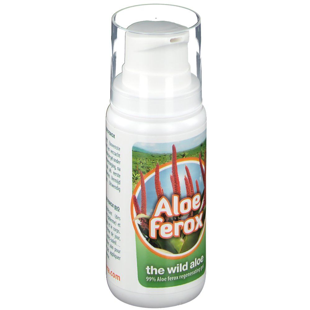 Flacon blanc avec pompe. Étiquette avec logo Aloe Ferox et texte. Nom du produit: the wild aloe 99% Aloe Ferox regenerating gel.