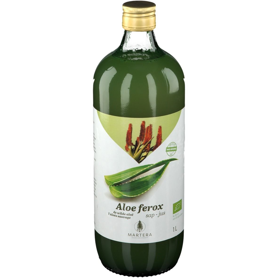 Bouteille en verre vert avec bouchon doré. Étiquette avec Aloe ferox, logo Martera et label bio. 1L.