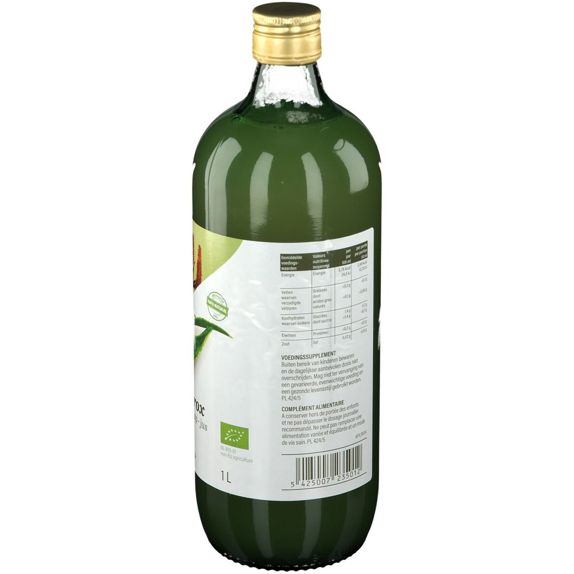 Vue arrière de la bouteille en verre vert. Étiquette avec informations nutritionnelles, texte et code-barres. Bouchon doré.