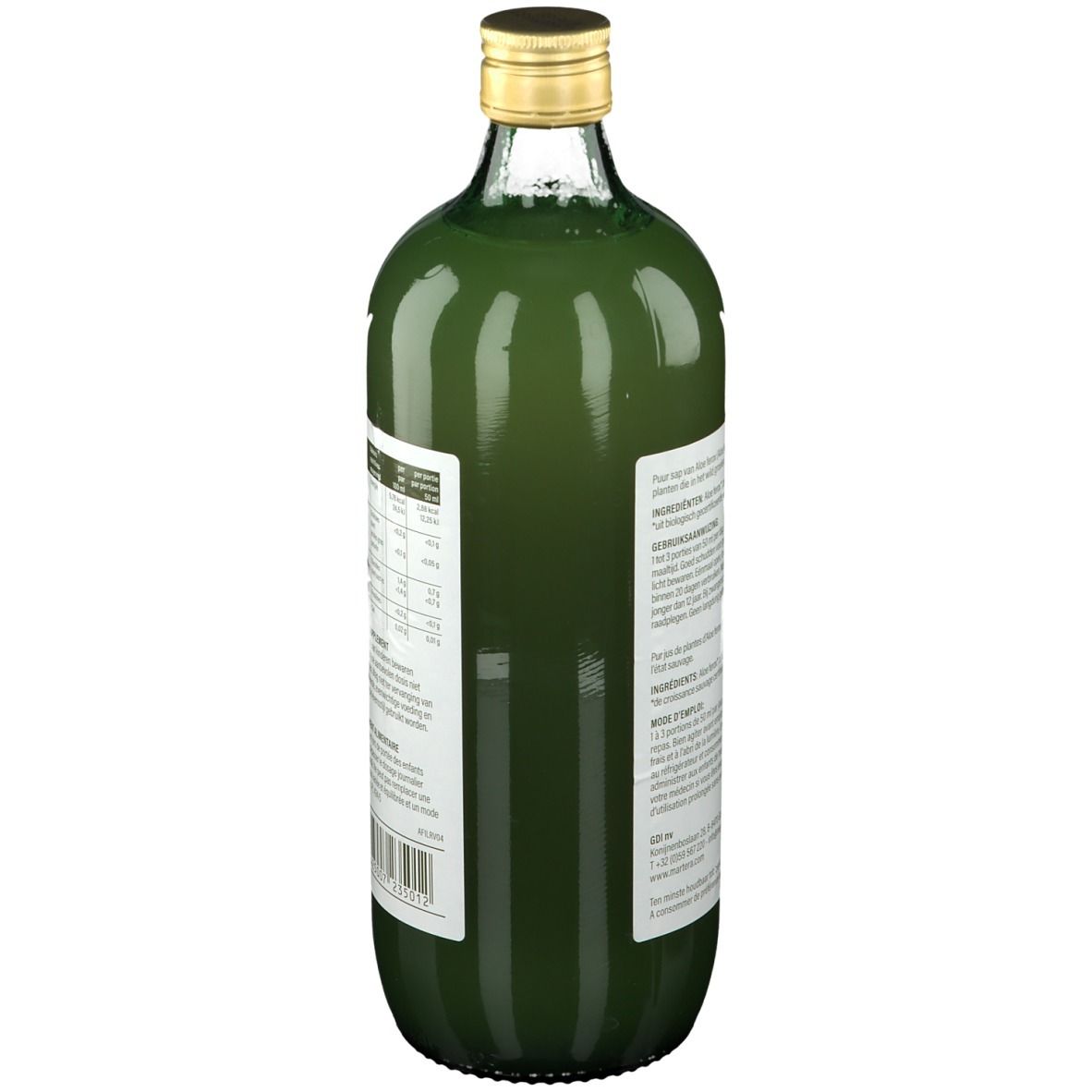 Vue arrière de la bouteille en verre vert. Étiquette avec texte et code-barres. Bouchon doré. Label bio.