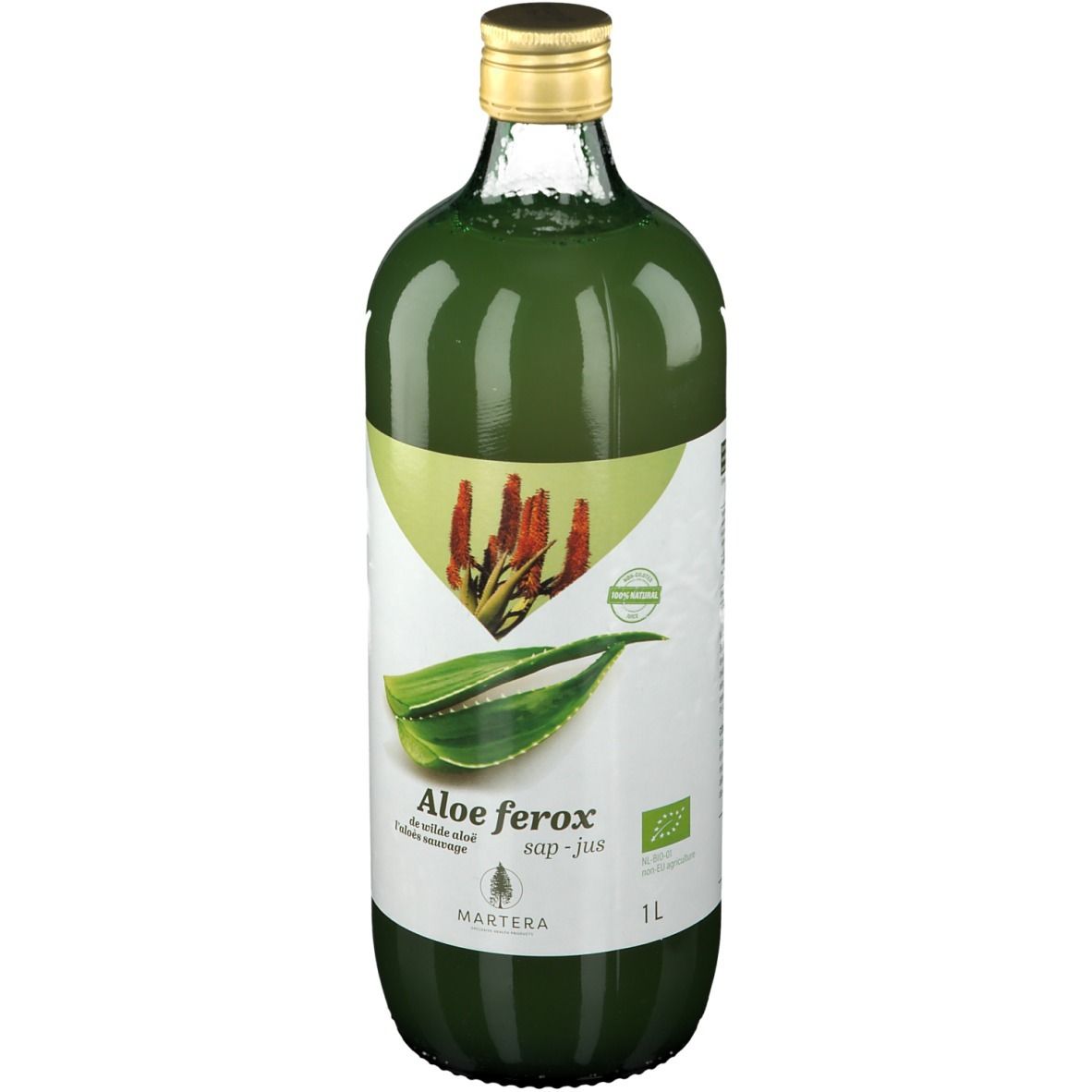Bouteille en verre vert avec bouchon doré. Étiquette avec Aloe ferox, logo Martera et label bio. 1L.
