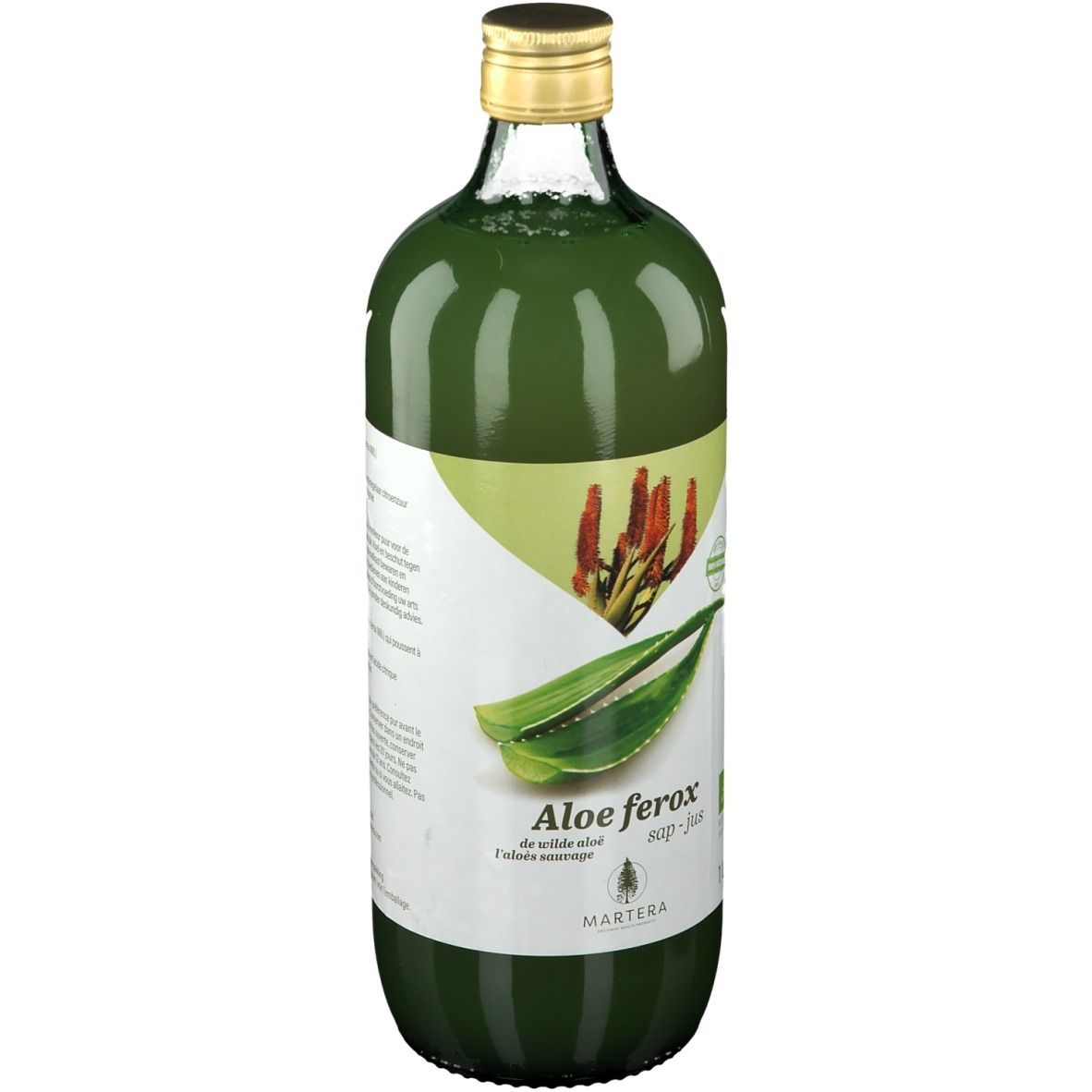 Bouteille en verre vert avec bouchon doré. Étiquette avec Aloe ferox, logo Martera et label bio. 1L.