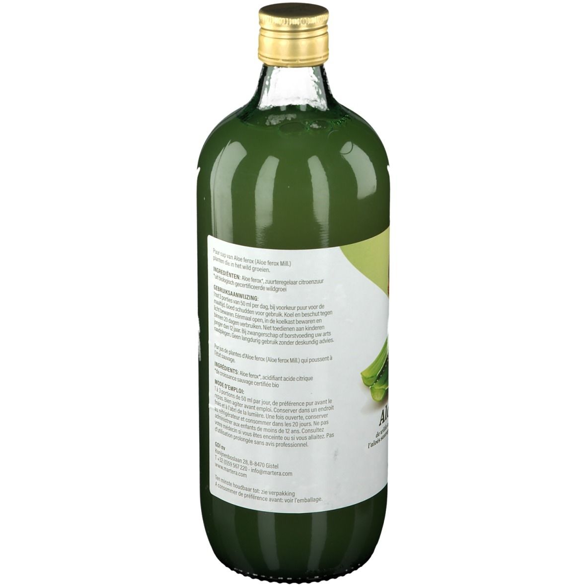 Vue arrière de la bouteille en verre vert. Étiquette avec texte et code-barres. Bouchon doré. Label bio.