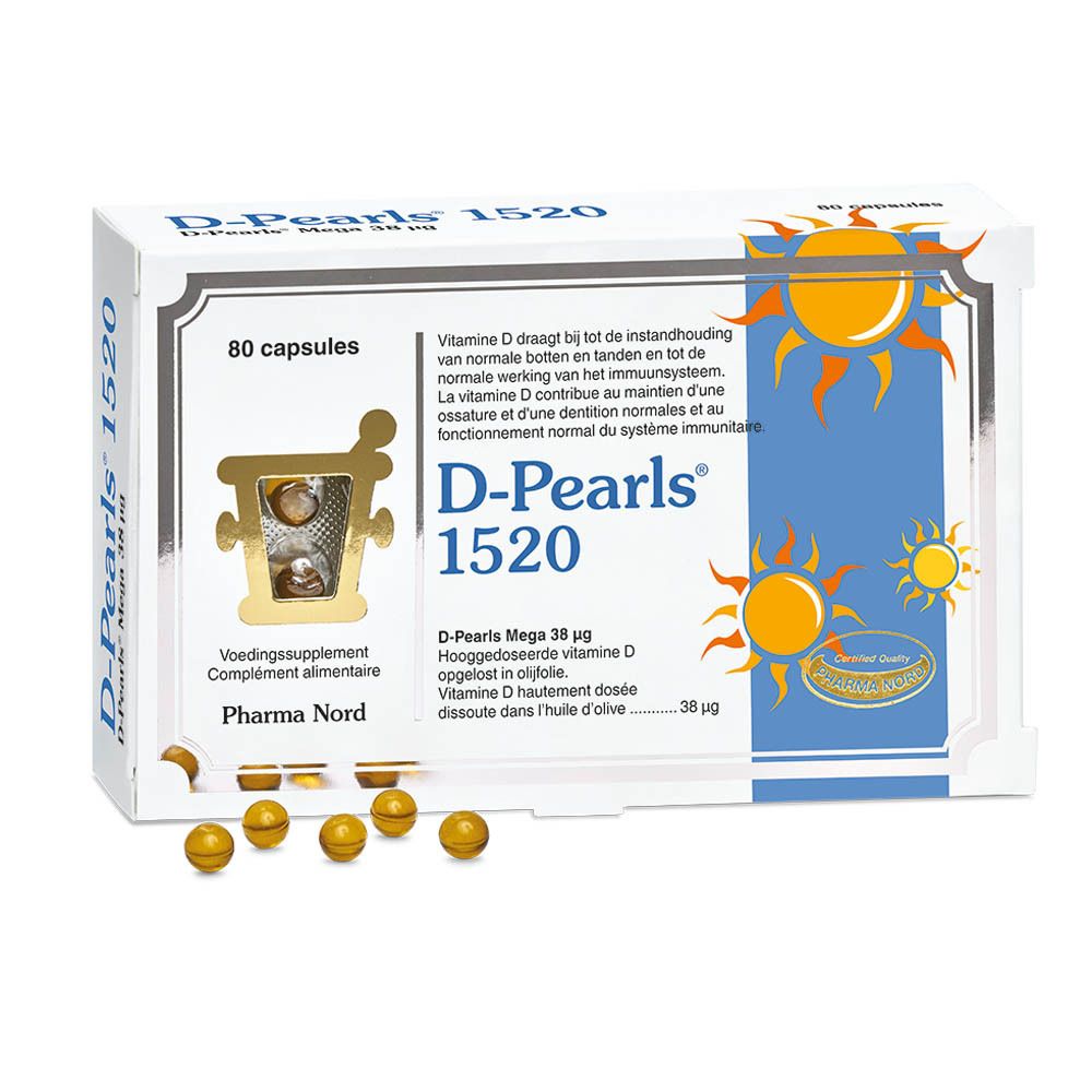 Boîte blanche D-Pearls 1520. Boîte ouverte avec capsules jaunes à côté.