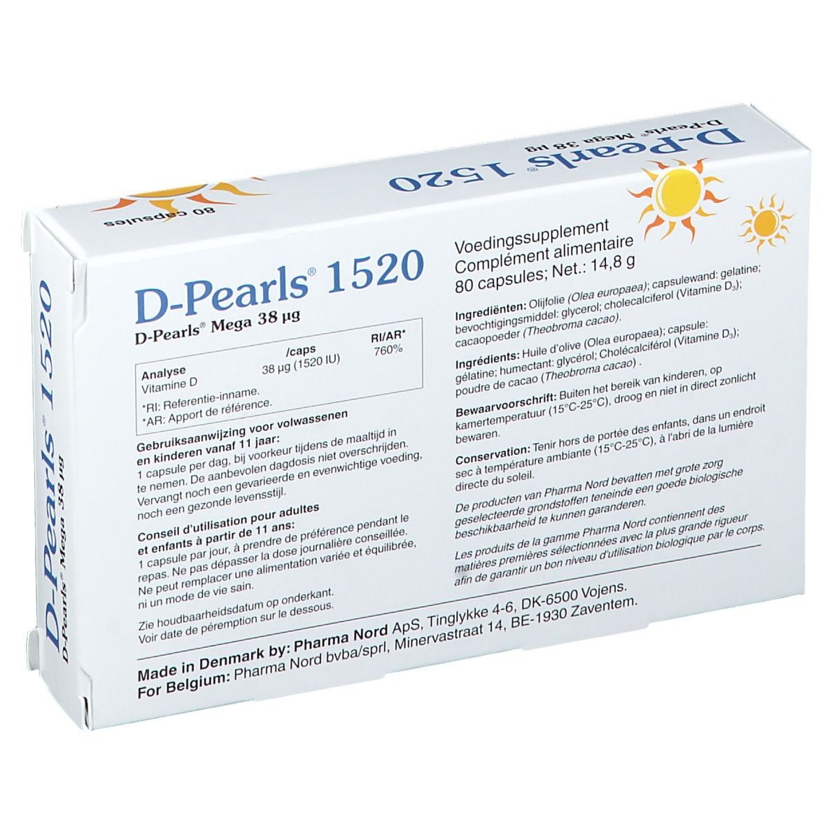 Boîte blanche D-Pearls 1520. Dos avec informations sur les ingrédients et le fabricant.