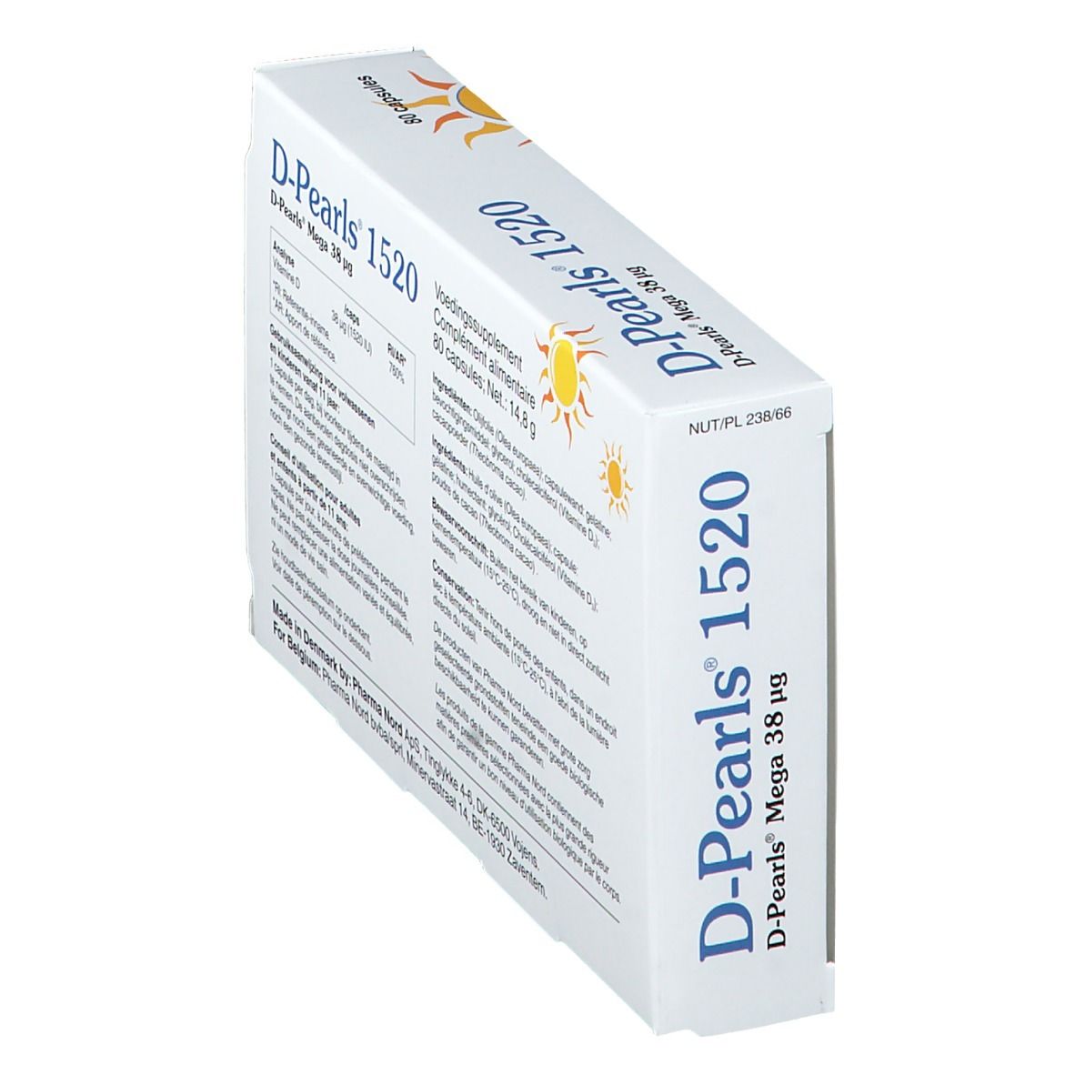 Boîte blanche D-Pearls 1520 en biais. Dos avec informations sur les ingrédients et le fabricant.