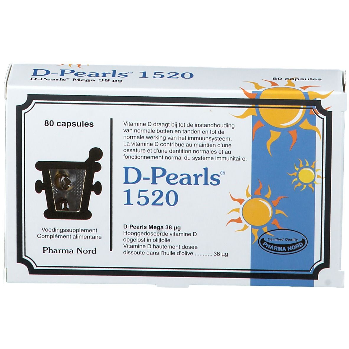 Boîte blanche D-Pearls 1520. Inscription: 80 capsules. Logo Pharma Nord. Illustrations de soleil.