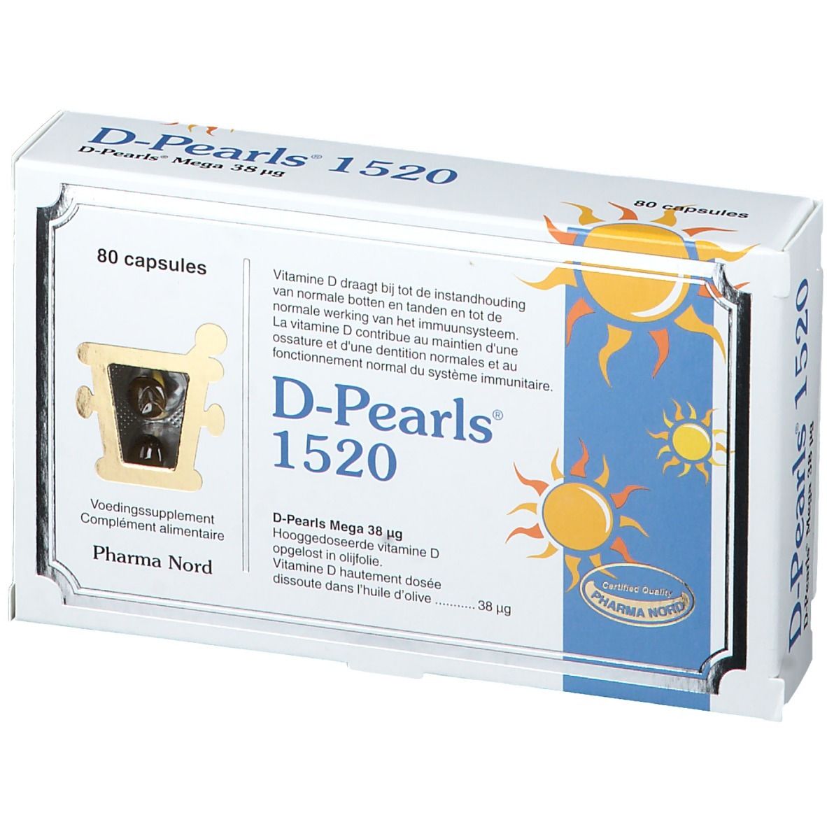 Boîte blanche D-Pearls 1520. Inscription: 80 capsules. Logo Pharma Nord. Illustrations de soleil.