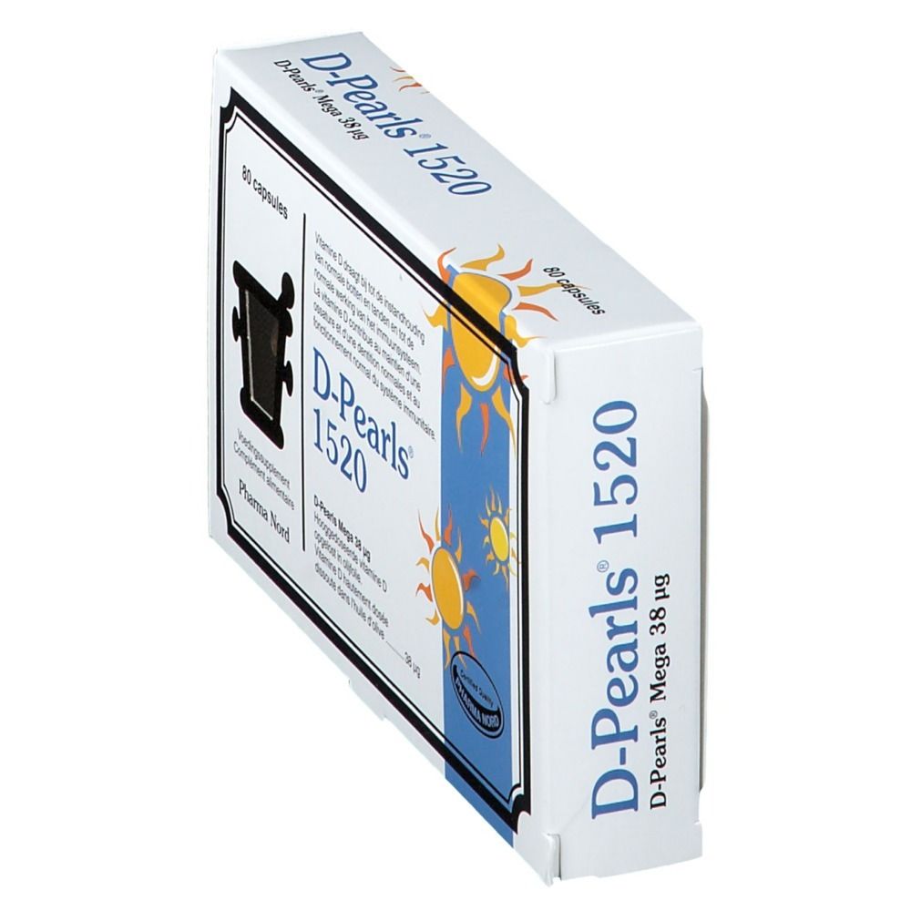 Boîte blanche D-Pearls 1520 en biais. Inscription: 80 capsules. Logo Pharma Nord.