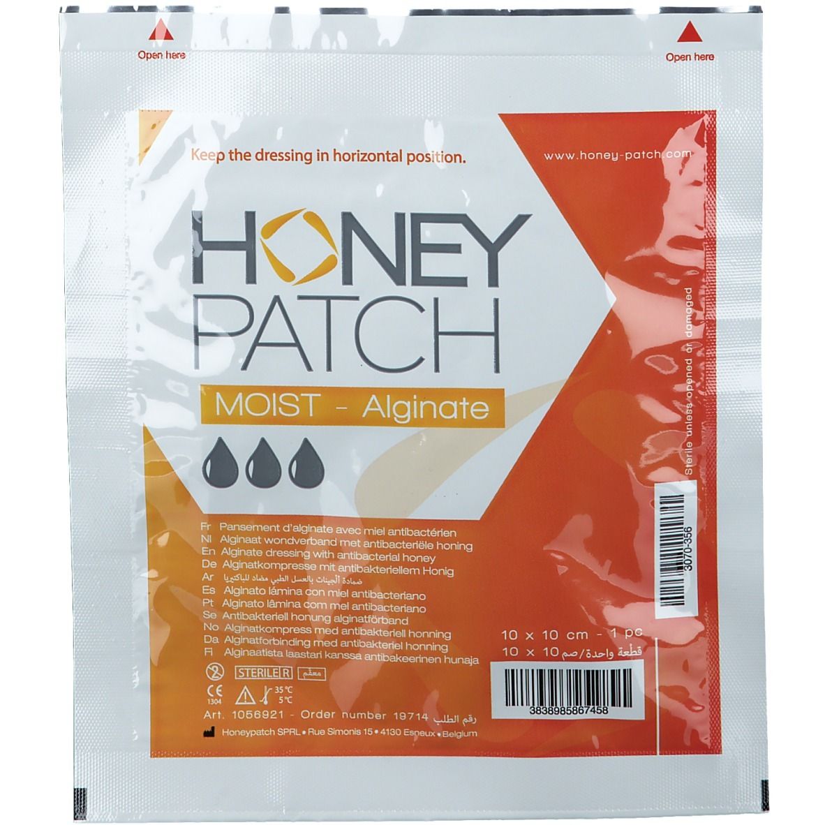 Emballage HONEY PATCH Moist Dressing Alg. 10x10cm. Nom du produit, taille, indication alginate et instructions d'ouverture visibles.