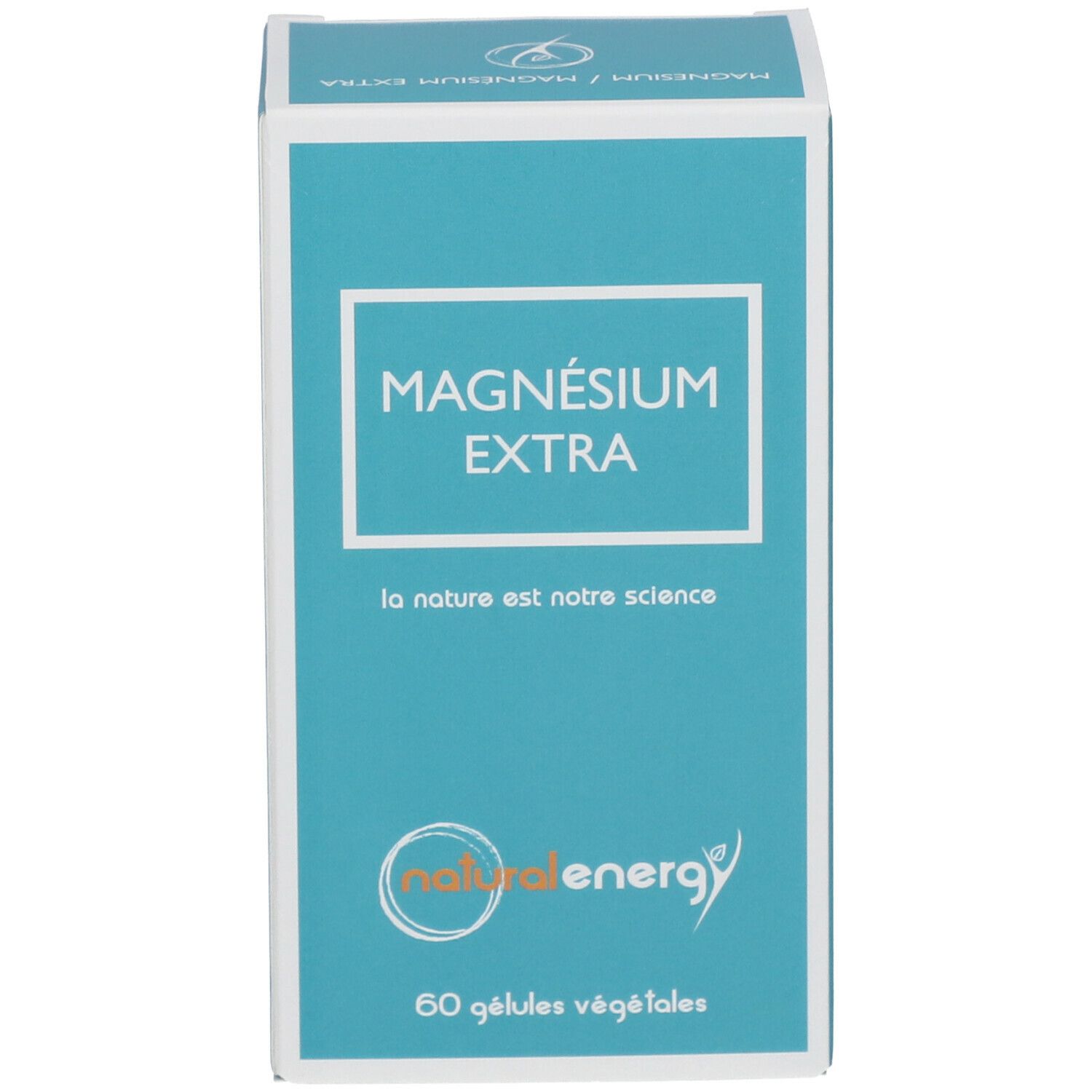 Boîte turquoise avec cadre blanc. Contient l'inscription 'MAGNESIUM EXTRA' et le logo 'natural energy'. 60 gélules végétales.