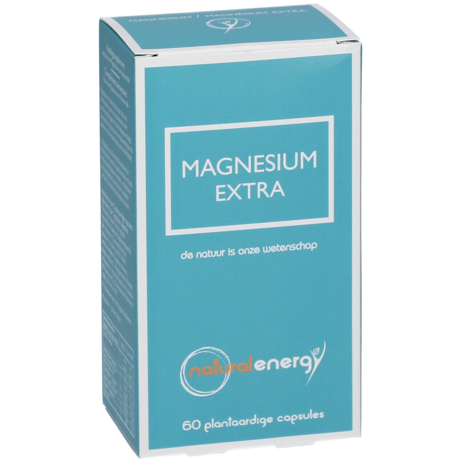 Boîte turquoise avec cadre blanc. Contient 'MAGNESIUM EXTRA' et le logo 'natural energy'. 60 gélules végétales. Texte: 'de natuur is onze wetenschap'.