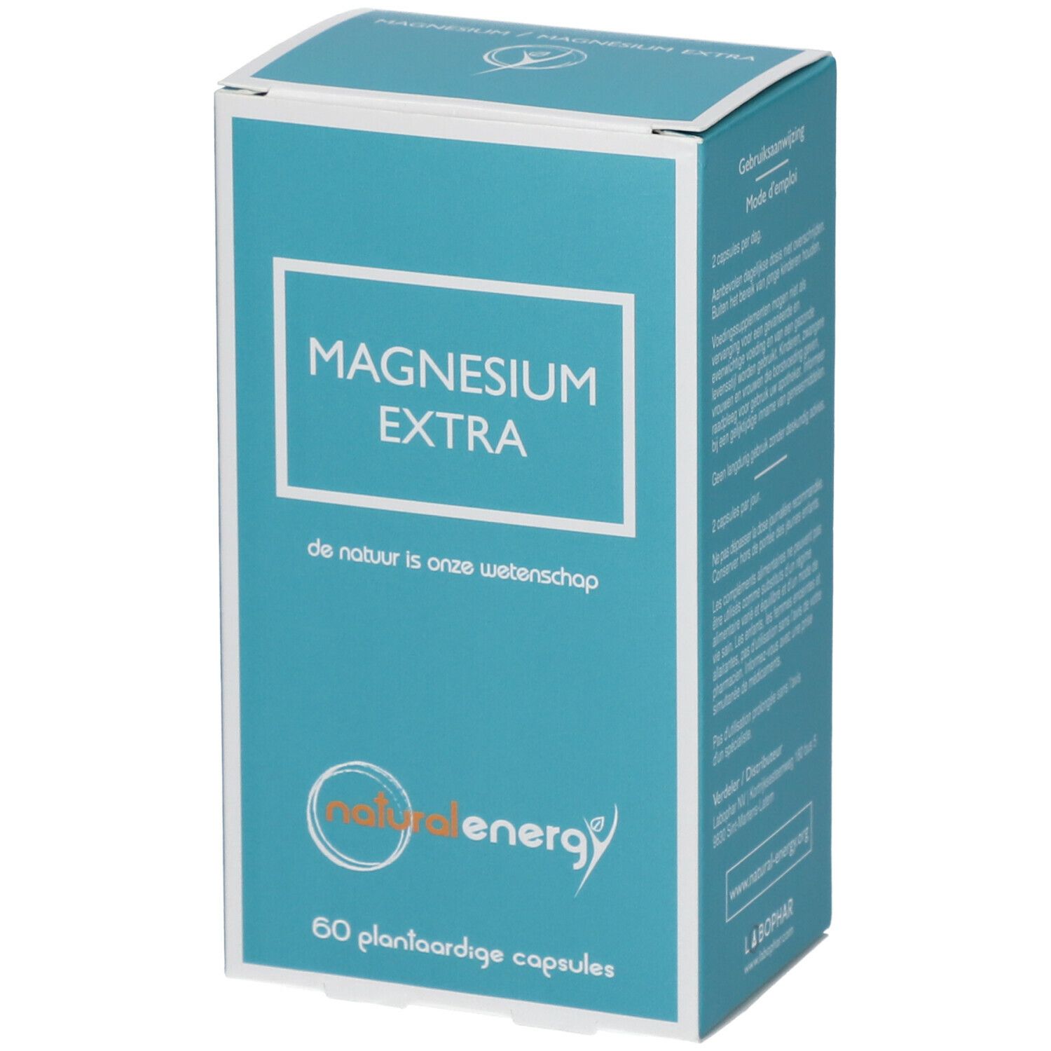 Boîte turquoise avec cadre blanc. Contient 'MAGNESIUM EXTRA' et le logo 'natural energy'. 60 gélules végétales. Texte: 'de natuur is onze wetenschap'.