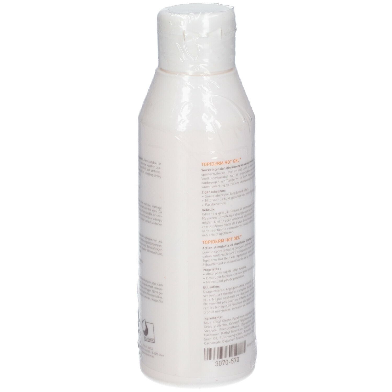 Flacon blanc avec texte. Produit emballé dans du film plastique. Dos avec texte en plusieurs langues.