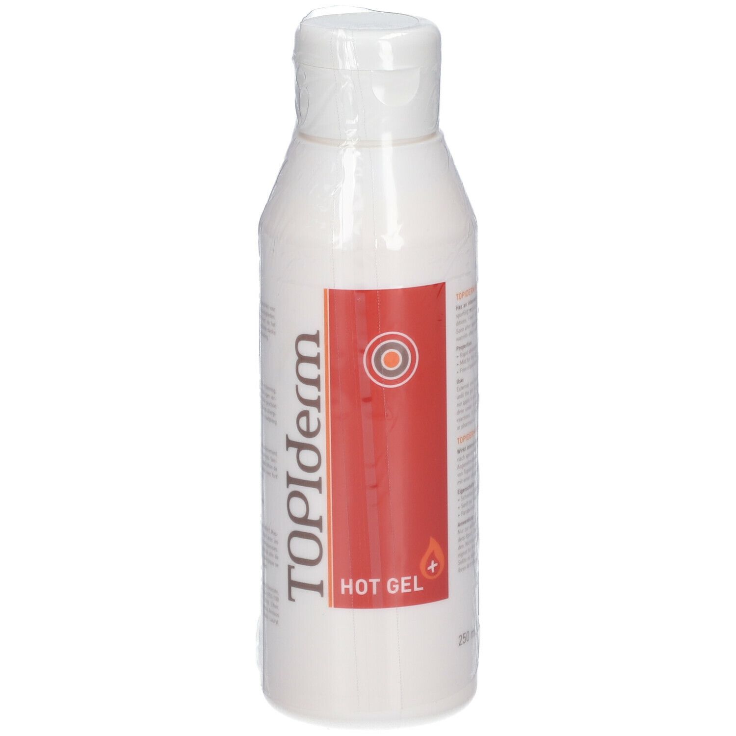 Flacon blanc avec étiquette rouge. Inscription: TOPIderm HOT GEL. Produit emballé dans du film plastique.