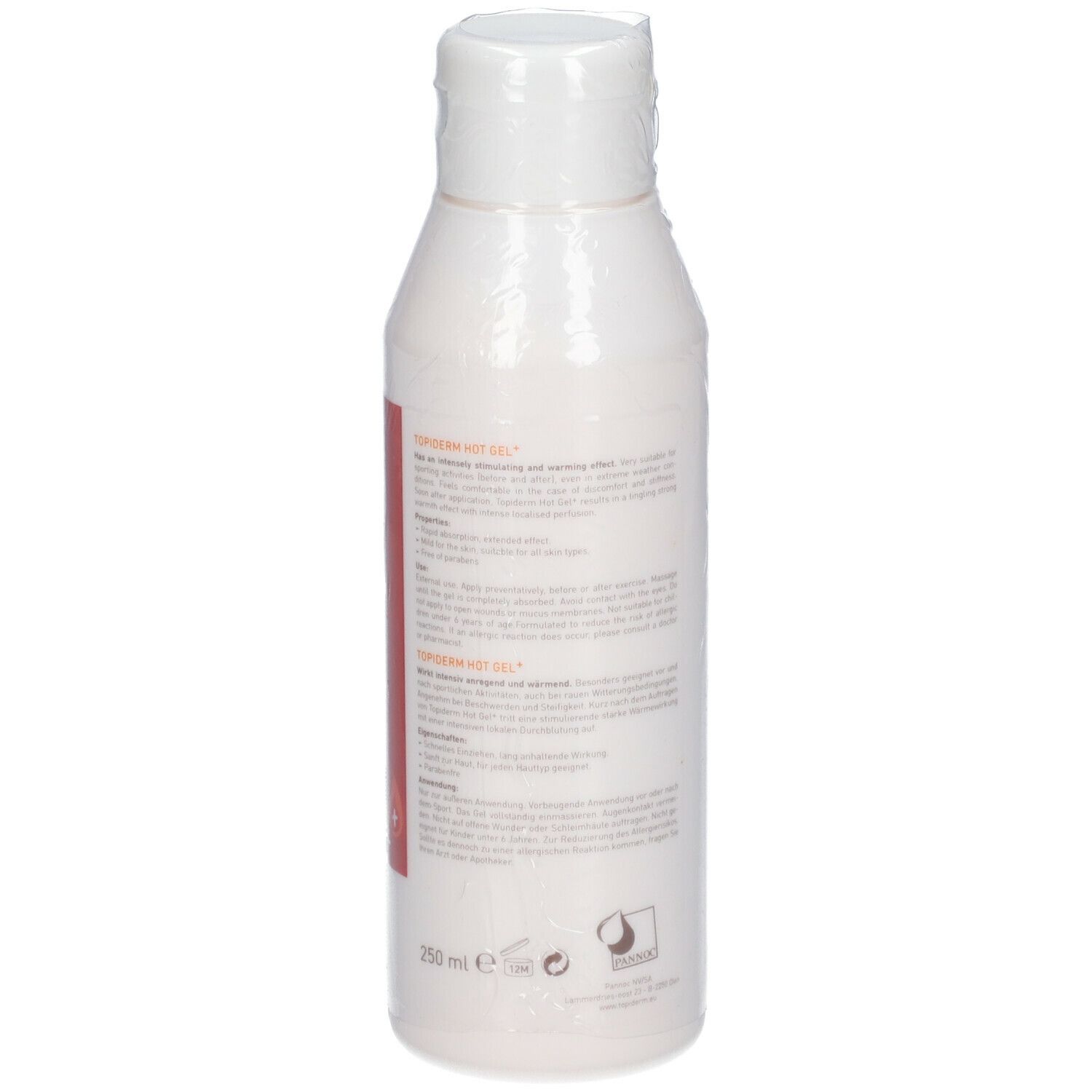 Flacon blanc avec texte. Produit emballé dans du film plastique. Dos avec texte en plusieurs langues.