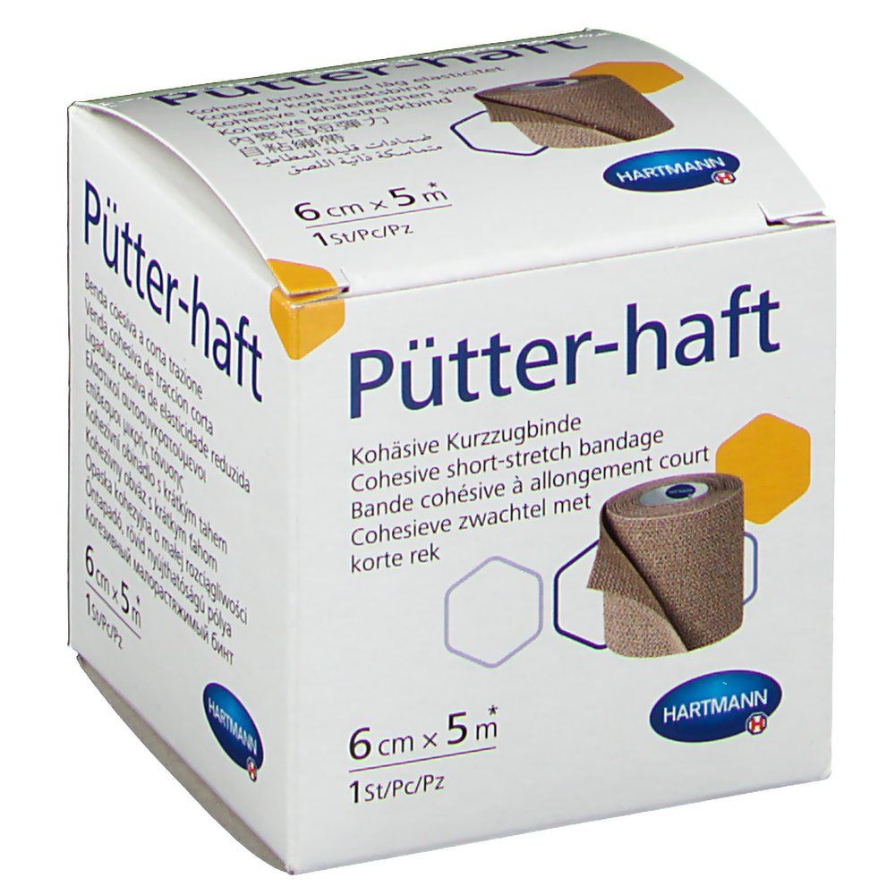 Emballage de Pütter-haft. Bande cohésive à allongement court, 6 cm x 5 m. Marque Hartmann. Image du produit.